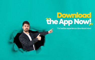 Download the app now. A young man pointing towards the App. Download App now for better experience poster. A Young man coming out of the wall and promoting mobile application. Mobile App Promotion.