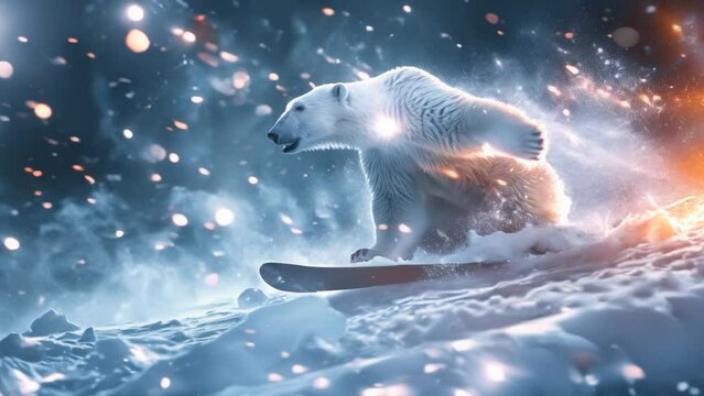 Snowboarding polar bear down in the mountain in a snowstorm with fire following 
