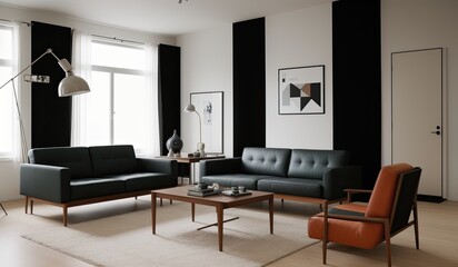modern living room with furniture, bauhaus style 