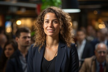 Fototapeta premium Determined businesswoman leading a crisis Determined businesswoman leading a crisis management meeting, addressing challenges and solutions with resilience and composure, Generative AI