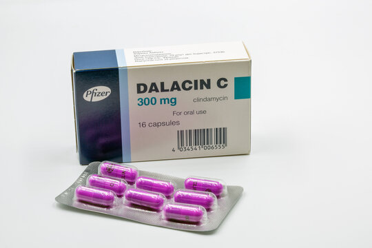 Dalacin C clindamycin capsules box and blister by Pfizer closeup.
