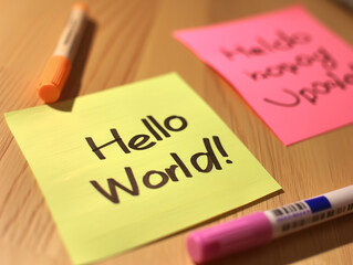 Sticky note with the words 'hello world!' - concept image of a software beginner entering the field of software engineering