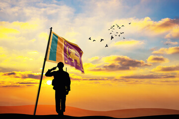 Silhouette of a soldier with the Sri Lanka flag stands against the background of a sunset or sunrise. Concept of national holidays. Commemoration Day.