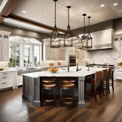 Fototapeta premium traditional kitchen within a beautiful new luxury home. Envision rich hardwood floors and wood beams that add a touch of classic charm to the space.