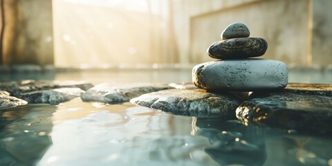 serene spa stones in tranquil water, banner, copyspace, Generative AI