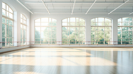Fototapeta premium Panoramic empty gym with windows