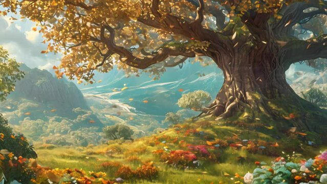 Tree of life in the garden of Eden beautiful nature spring animation with colorful leaves and flowers
