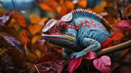 Chameleon changes the color of its skin, camouflaging itself - obrazy, fototapety, plakaty