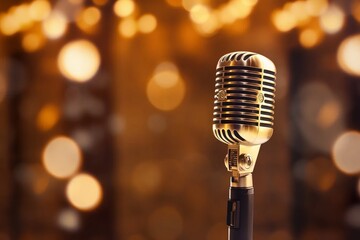 Close up retro microphone with a golden bokeh background. AI generative