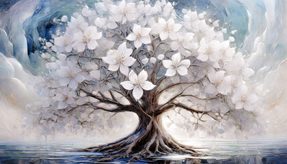 Tło w białe kwiaty na drzewie, ozdoba wnętrza	 - obrazy, fototapety, plakaty