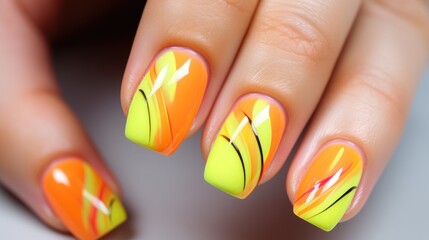 Bright neon manicure on female hands with accessories. Nail design.