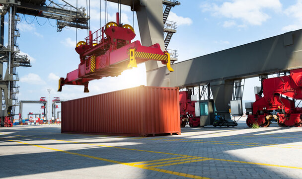 Crane Unloading Container In The Port