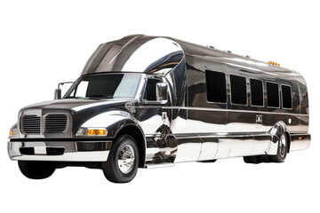 luxurious and modern bus with a shiny chrome exterior and tinted windows