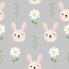 Seamless pattern with cute rabbit, daisy flower for your fabric, children textile, nursery decoration, gift wrap paper, kids bedding.