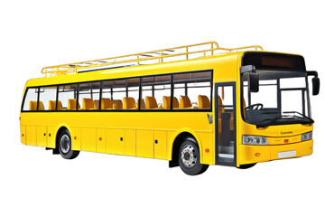 The bus has multiple square windows aligned along the side and a roof rack for additional storage