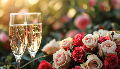 Bouquet of roses and champagne glasses, a lovely setting