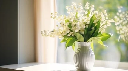 Foto auf Glas Beautiful lily of the valley bouquet stands in a vase near the window. Copy space © aleksashka_89