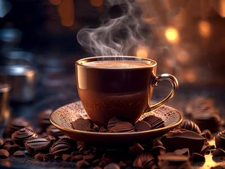 Schilderijen op glas A steaming cup of coffee. Coffee and chocolate. Latte, cappuccino, Americano, espresso, mocha, cocoa. Abstract background. © Irina