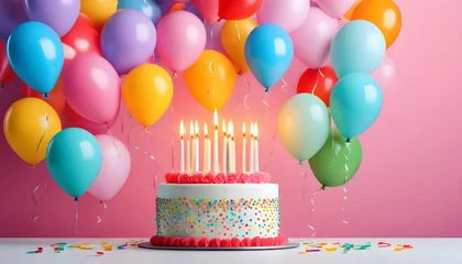 Fotobehang birthday cake with candles and balloons. Ai generative © Butt _Ai