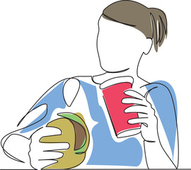 girl drinks a cocktail and eats a hamburger color