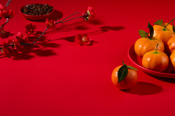 A plate of melon seeds, a plate of tangerines and peach blossom branches on a red background. Blank...