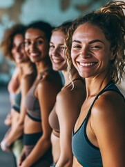 Fototapeta premium A group of athletic women joyfully practicing yoga in a fitness center.