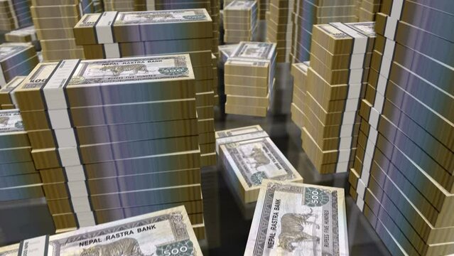 Nepal money Nepali rupees notes packs loop. 3D flight over 500 NPR banknotes stacks towers. Loopable seamless abstract background concept of business, economy crisis and finance.