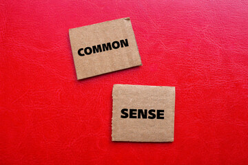 Common sense lettering on ripped cardboard paper pieces with red background. Conceptual photo with copy space.