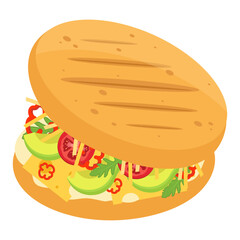 Traditional Colombian arepa with avocado, tomatoes, cheese, peppers and herbs. Vector illustration.
