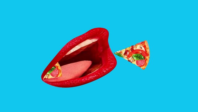 Giant female open mouth with red lipstick eating slice of delicious Italian pizza over blue background. Stop motion, animation. Concept of food, taste, surrealism, creativity. Pop art. Poster, ad