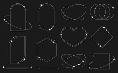 Set of white geometric aesthetic abstract line frames and shapes with stars boho, brutalism, Y2K style. Geometric elements with sparkles for template design social media, poster, banner, logo, sticker