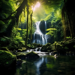 A serene waterfall in a lush green forest.