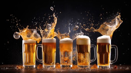 Beer mugs collage. Generative AI - obrazy, fototapety, plakaty