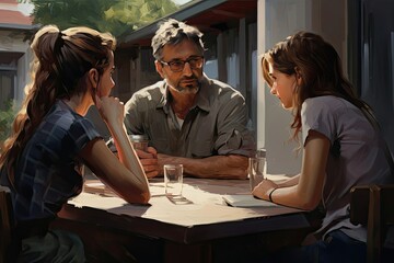 A man and two girls are sitting at a table and having a conversation. Family concept.