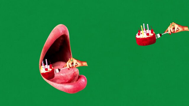 Female hand putting birthday cake with candles in giant open female mouth over green background. Stop motion, animation. Concept of food, taste, surrealism, creativity. Pop art style. Poster, ad