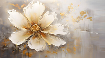 Abstract oil painting art. Flower and leaves painting. Elegant White, golden and silver. wallpapers, banners, posters, cards, murals, rugs, wall hanging paintings. generative ai	