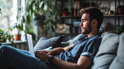 A guy unwinds on the sofa, savoring a break from work or a free day, as he lounges on a cozy couch with his laptop, relishing some peaceful alone time at home.