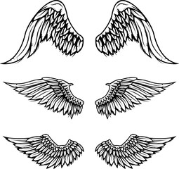 Set of vintage vector wings isolated on white background. Design elements for logo, label, emblem, sign, brand mark. Vector illustration.