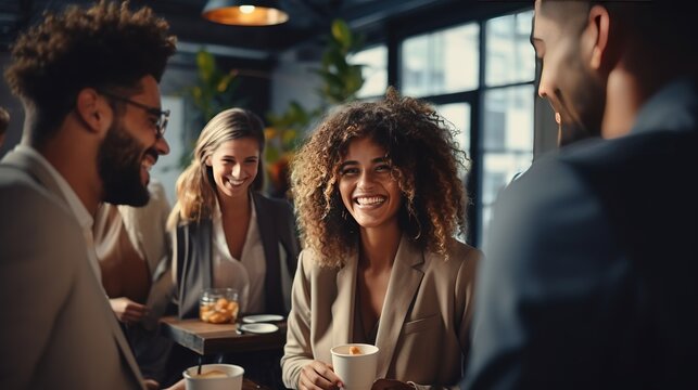 Group of multiracial coworkers at a coffee break. Business meeting in cafe. Friends drinking coffee.