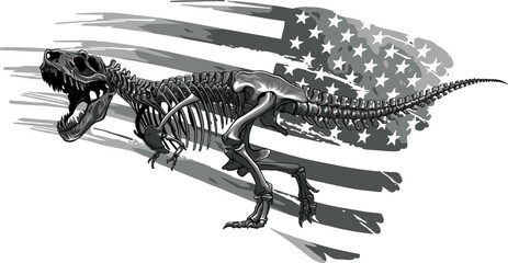 monochromatic tyrannosaurus rex skeleton with american flag