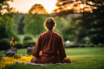 Person Meditating in Tranquil Sunset Park.