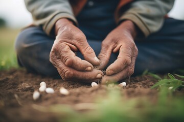 farmers hands planting seeds in a field