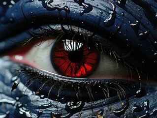 Close up of a red eye with blue skin - obrazy, fototapety, plakaty