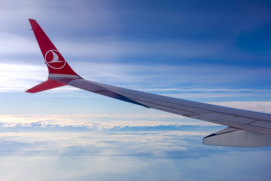 Istanbul, Avcilar - Turkey - 12.22.2023: Turkish Airlines Plane, Trademark on wing. commercial passenger plane THY