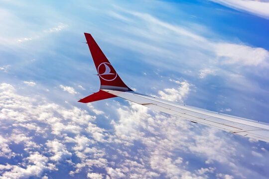 Istanbul, Avcilar - Turkey - 12.22.2023: Turkish Airlines Plane, Trademark on wing. commercial passenger plane THY