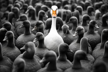 Unique White Duck Among Many Dark Ducks. - obrazy, fototapety, plakaty