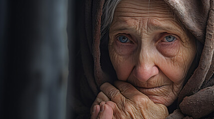 Depressed elderly widow in need of support on Internet - obrazy, fototapety, plakaty