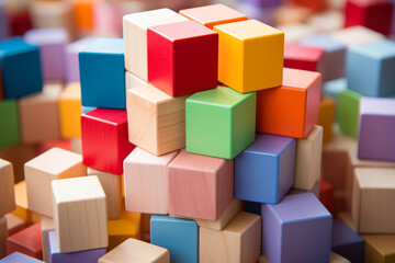 Fototapeta na wymiar Colorful Wooden Blocks Stacked in Creative Play.