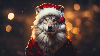 Photo of a white wolf in a Santa Claus hat on a Christmas background.
