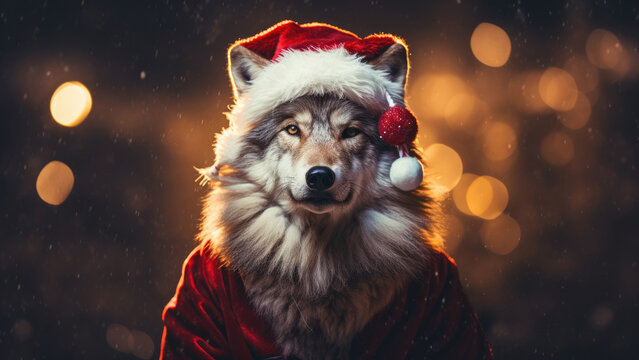 Photo of a white wolf in a Santa Claus hat on a Christmas background.
